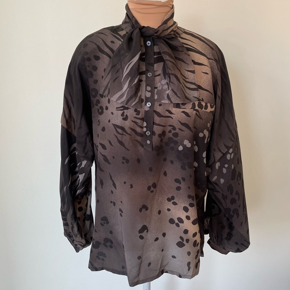Escada 1980s Vintage Leopard Zebra Half Button Print Silk Neck Tie Blouse 34/4